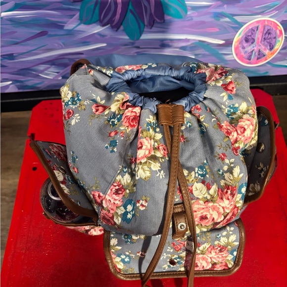 Floral Canvas Backpack / Diaper bag with Brown Trim - Picture 7 of 13